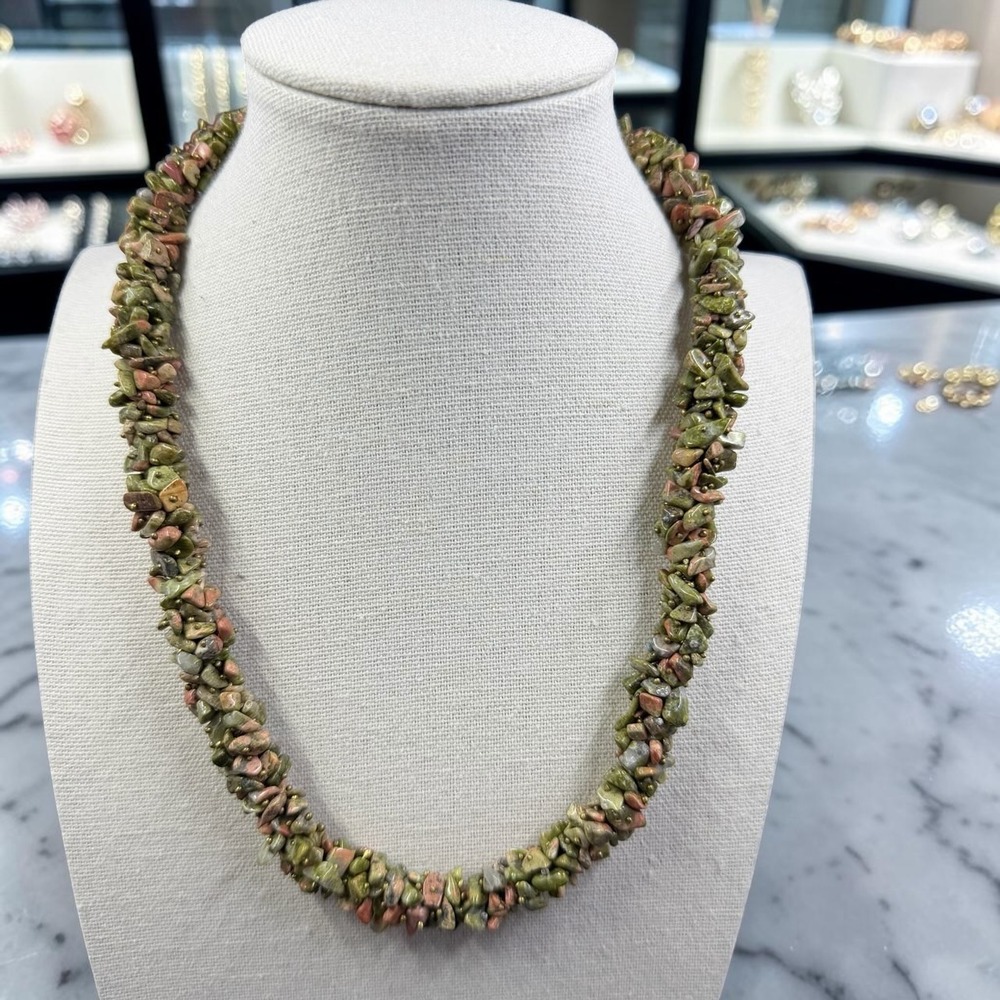 Vintage Unakite Chip Bead Necklace Earthy Indie Boho Cottagecore Statement 18"